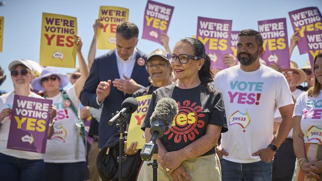 Federal Minister for Aboriginal Affairs Linda Burney speaking at the Yes23 campaign in Clearview, Sunday, Oct. 8, 2023. Picture: Matt Loxton