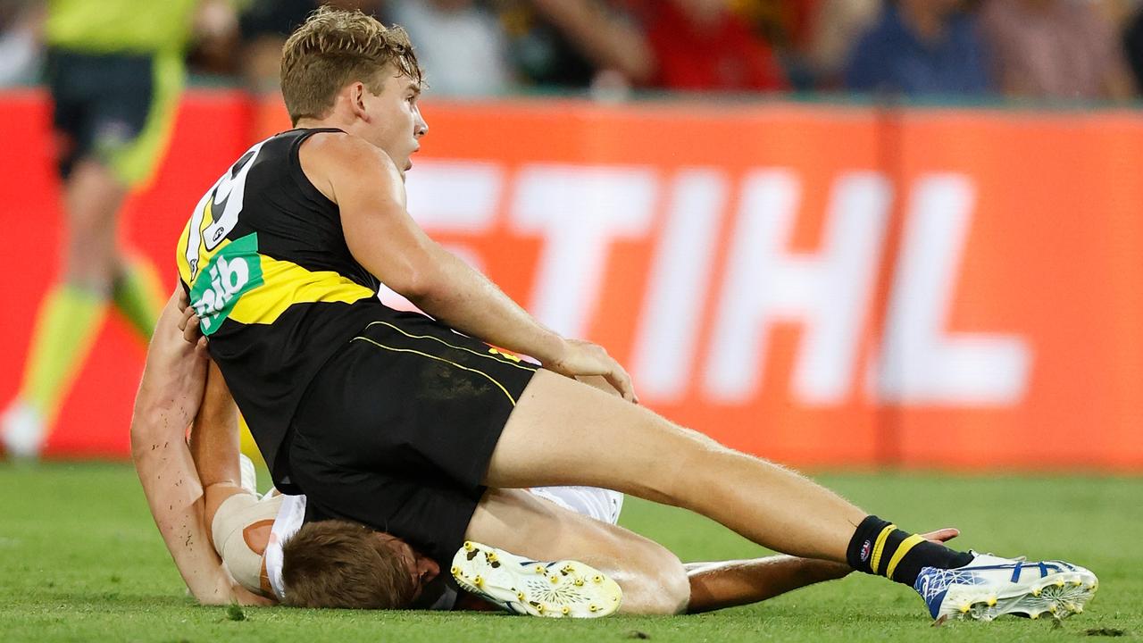 Tom Lynch of the Tigers could be scrutinised for this incident with Dougal Howard of the Saints. Picture: Michael Willson