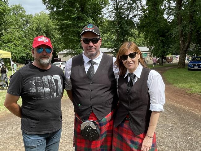 Nick McLeod, Tim Caldernan and Leah Thomas from Victorian Scottish Pipes and Drums. Picture: Athos Sirianos