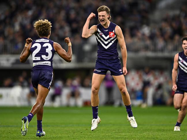 Debutant Jye Amiss joined the first kick, first goal club. Picture: AFL Photos/Getty Images