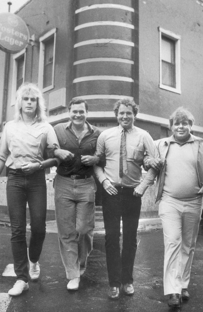 Fun at the Cherry Tree Hotel: From left to right — Lincoln Palmer, Ron Barassi, Adrian Gallagher and Scot Palmer. Picture: File