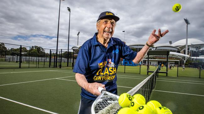 One of the worlds oldest tennis players, Henry Young, 99, on court at the Adelaide International event. Picture: Tom Huntley