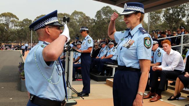 NSW Police Criminal Groups commander Detective Superintendent Deb Wallace marches out of Goulburn Police Academy and retires from the force. Picture: NSW Police