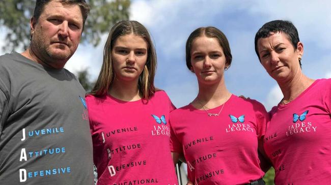 FROM LEFT: Jade Dixson's father Mark Dixson, best friend Raelle Avery, twin sister Georgia Dixson and mother Julie Dixson at Gympie's Roadcraft Driver Education Facility yesterday. Picture: Tom Daunt