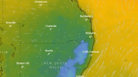 A blast of polar air when send temperatures plummeting across Australia's southeast, including southern Queensland. Picture: Windy