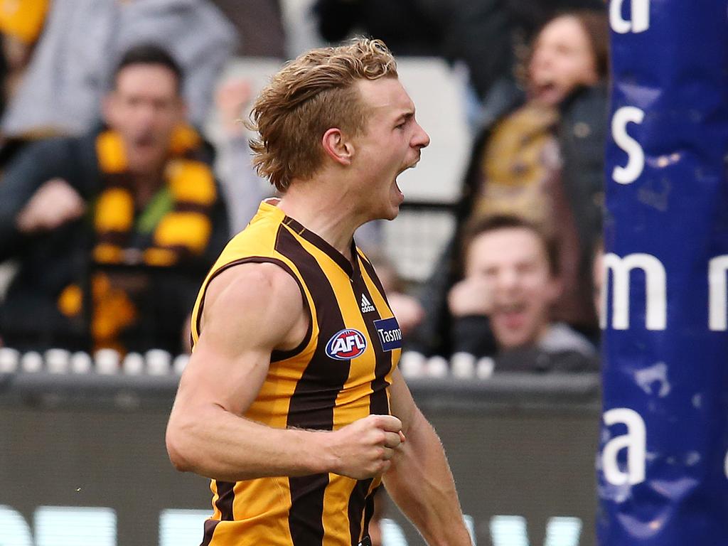 AFL Round 20. 04/08/2018. Hawthorn v Essendon at the MCG.  Hawthorn's James Worpel celebrates after kicking a goal in the dying minutes  .Pic: Michael Klein