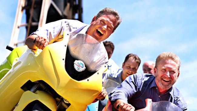 Queensland Opposition Leader Tim Nicholls riding the Motocoaster at Dreamworld. Picture: Annette Dew