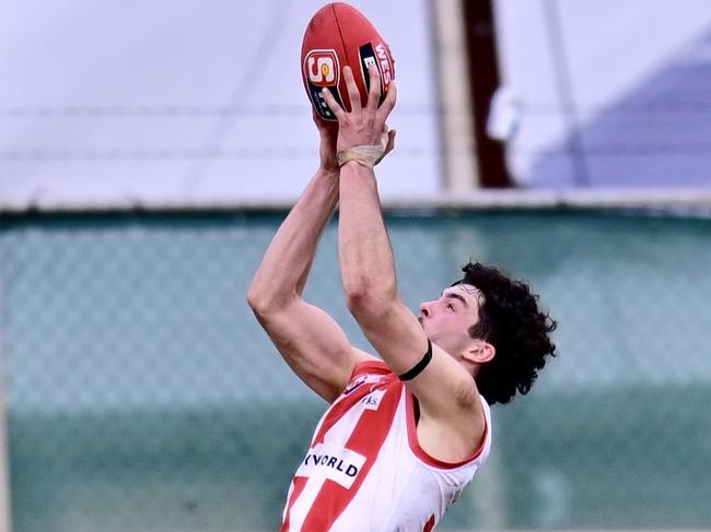 SANFL: North Adelaide's Karl Finlay takes a spectacular mark against Woodville-West Torrens at Woodville Oval in Round 16. Picture: Scott Starkey/SANFL