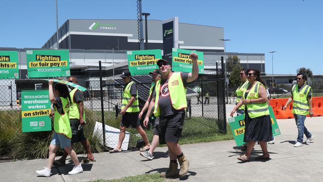 A picket line at Dandenong South at a distribution centre for Woolworths during the strike this month. Picture: David Crosling