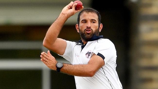 E Ullah of Haig Fawkner bowls during the Victorian Turf Cricket Association Kookaburra Sports / Turner Shield Senior Division match between Yarraville Club and Haig Fawkner at Hansen Reserve in West Footscray, Victoria on Saturday, March 4, 2023.