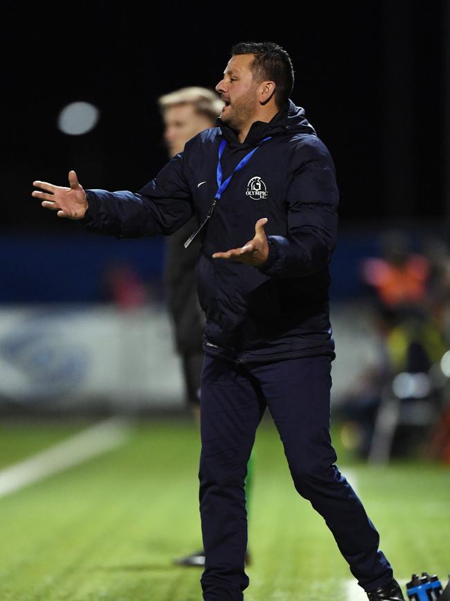 Adelaide Olympic coach George Tsonis during Wednesday night’s game. Picture: Mark Brake/Getty Images