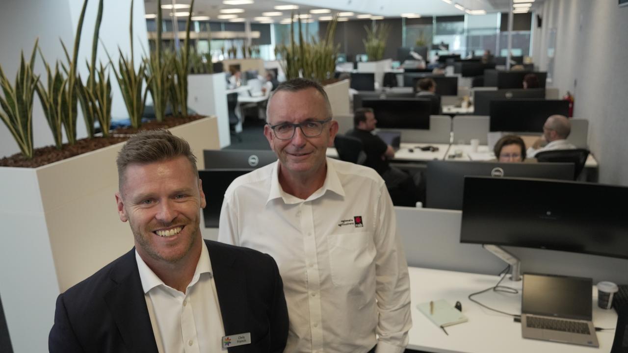 The new $10m National Australia Bank branch opens on Ruthven Street in the Toowoomba CBD. Celebrating the launch are (from left) Queensland retail executive Chris Francis and regional and agribusiness executive Jason Lipp (pictured on top floor).