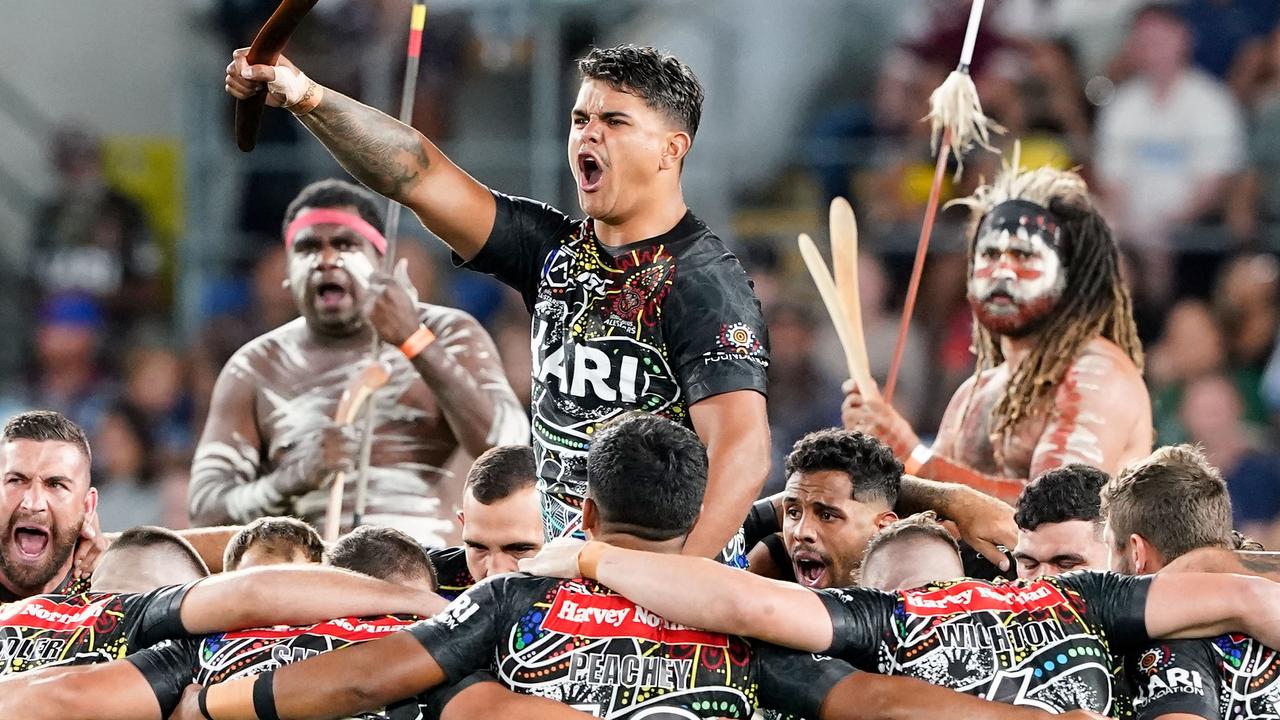 Latrell Mitchell is seen during the Indigenous All Stars war-cry prior to last year’s game.