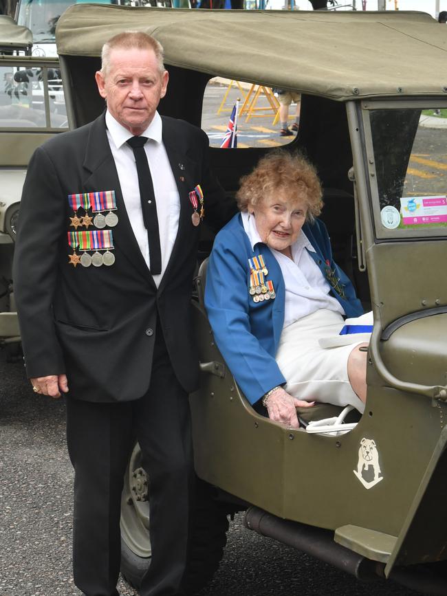 Anzac Day parade on the Strand in Townsville. Navy veteran Andrew Barker with his mother airforce veteran Margaret Barker. Picture: Evan Morgan