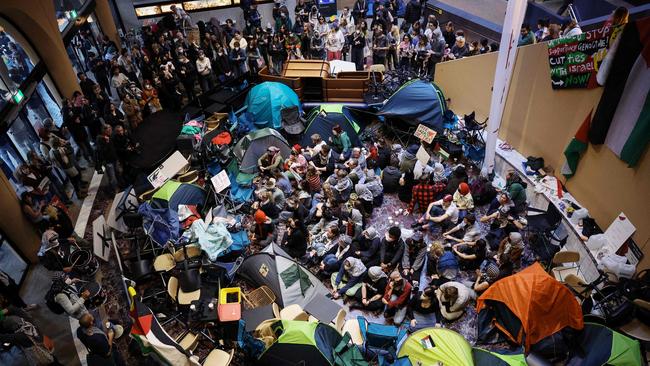 Pro-Palestinian students hold a sit-in in May at Melbourne University's Arts West building. Picture: Martin Keep / AFP