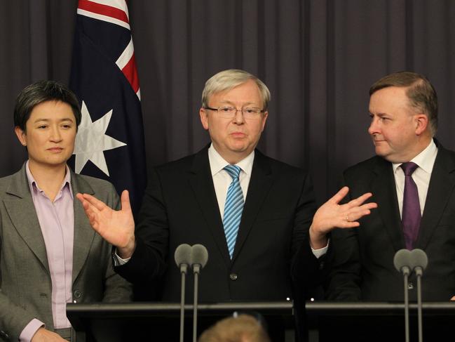 Kevin Rudd in 2013 as the prime minister with Penny Wong and Anthony Albanese. Picture: Gary Ramage