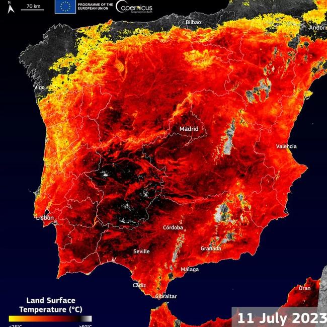 A satellite image recorded by the EU’s Copernicus Sentinel mission revealed that the land temperature in the Extremadura region hit 60C. Picture: Copernicus.