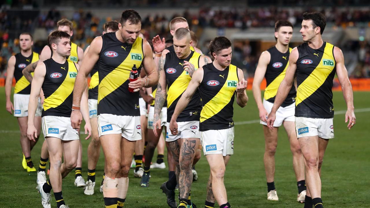 The Tigers look dejected. Photo by Michael Willson/AFL Photos via Getty Images