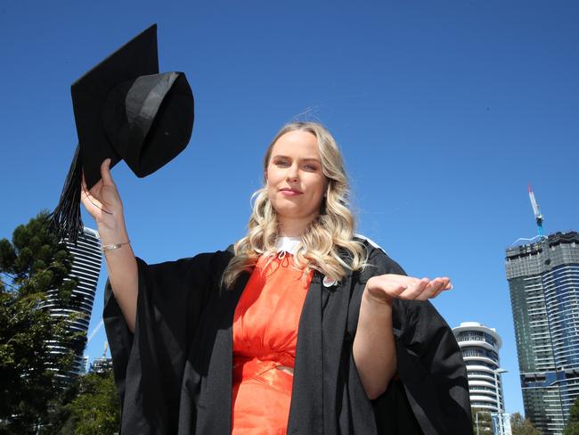 Griffith business school graduation at  Gold Coast convention Centre.Students were baneed from throwing their graduation hats and Anabella Johnson from kingscliff couldnt beleive it. (0468 822077). Picture Glenn Hampson