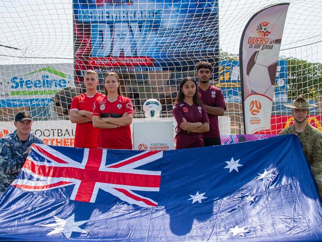 L-R LCPL Rasheed, AC Kettle, Lachlan Raychaudhuri (Gunner), Jessica Gunning (Petty Officer), Rachelle Juan, Arman Dharni, SIG De Wit and MIDN Prescott at the Darwin Football stadium as members of the Australian Defence Force will face off against some of the TerritoryÃs top football talent in Friday nightÃs annual Remembrance Day Football Match. Picture: Pema Tamang Pakhrin