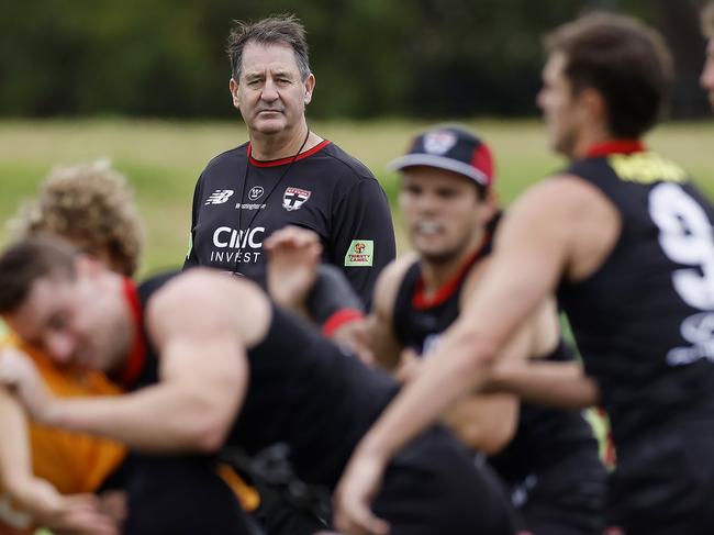 NCA. MELBOURNE, AUSTRALIA. 20th February, 2025 . St Kilda training at Moorabbin .  Ross Lyon, Senior Coach of the Saints  during todays session  .  Picture: Michael Klein