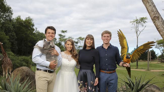 Chandler Powell, Bindi Irwin, Terri Irwin and Robert Irwin at Bindi and Chandler’s wedding. Picture KATE BERRY