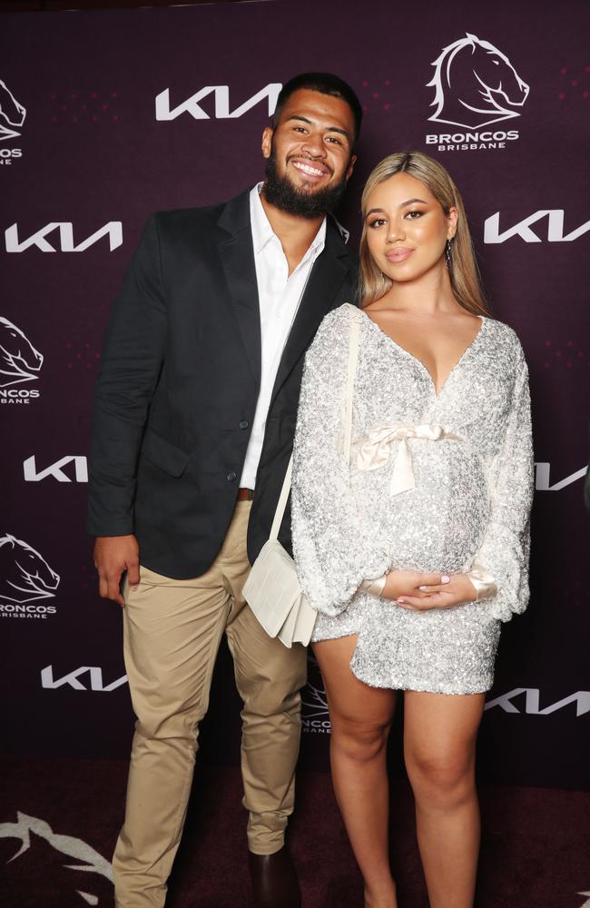 Payne Haas and Leilani Mohenoa at the Broncos’ season launch in 2021. Picture: Annette Dew