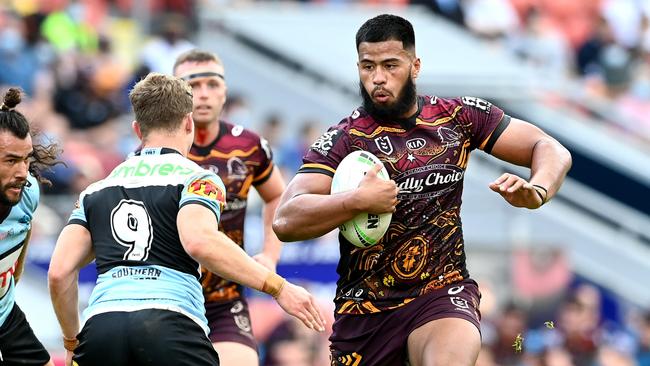 Payne Haas produced a remarkable last-minute chase to deny Cronulla a try in Brisbane’s recent win at Suncorp Stadium.