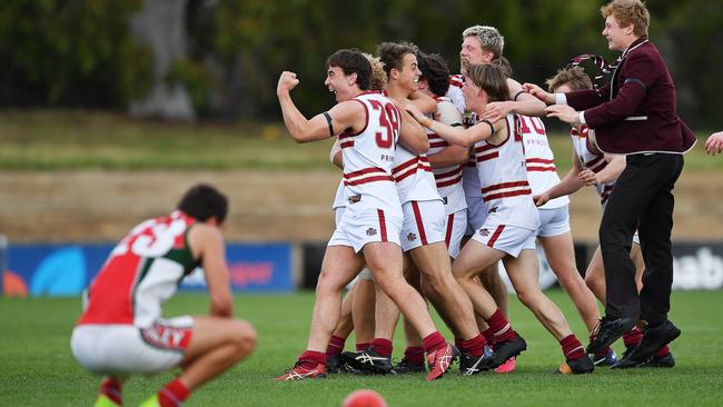 PAC players celebrate the final siren during the grand final of the All School Cup between Henley High School and Prince Alfred College at Gaurdall Security Stadium Tuesday September 22,2020.Picture Mark Brake