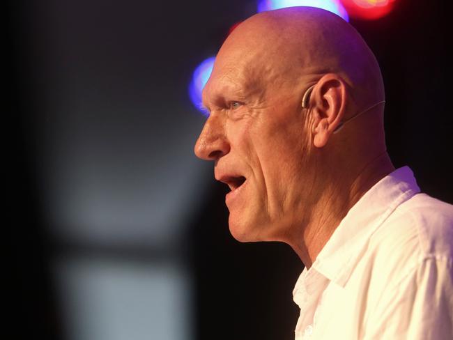 Peter Garrett speaking about climate change in The Greenhouse at Woodford Folk Festival. Pics Tara Croser.