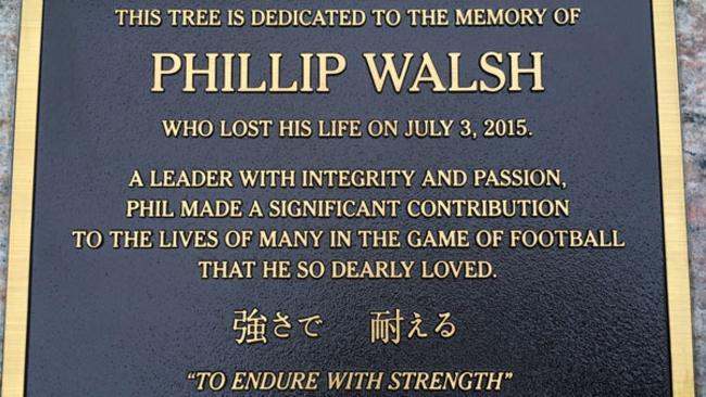 The plaque honouring Phil Walsh below the red oak tree at Adelaide Oval.