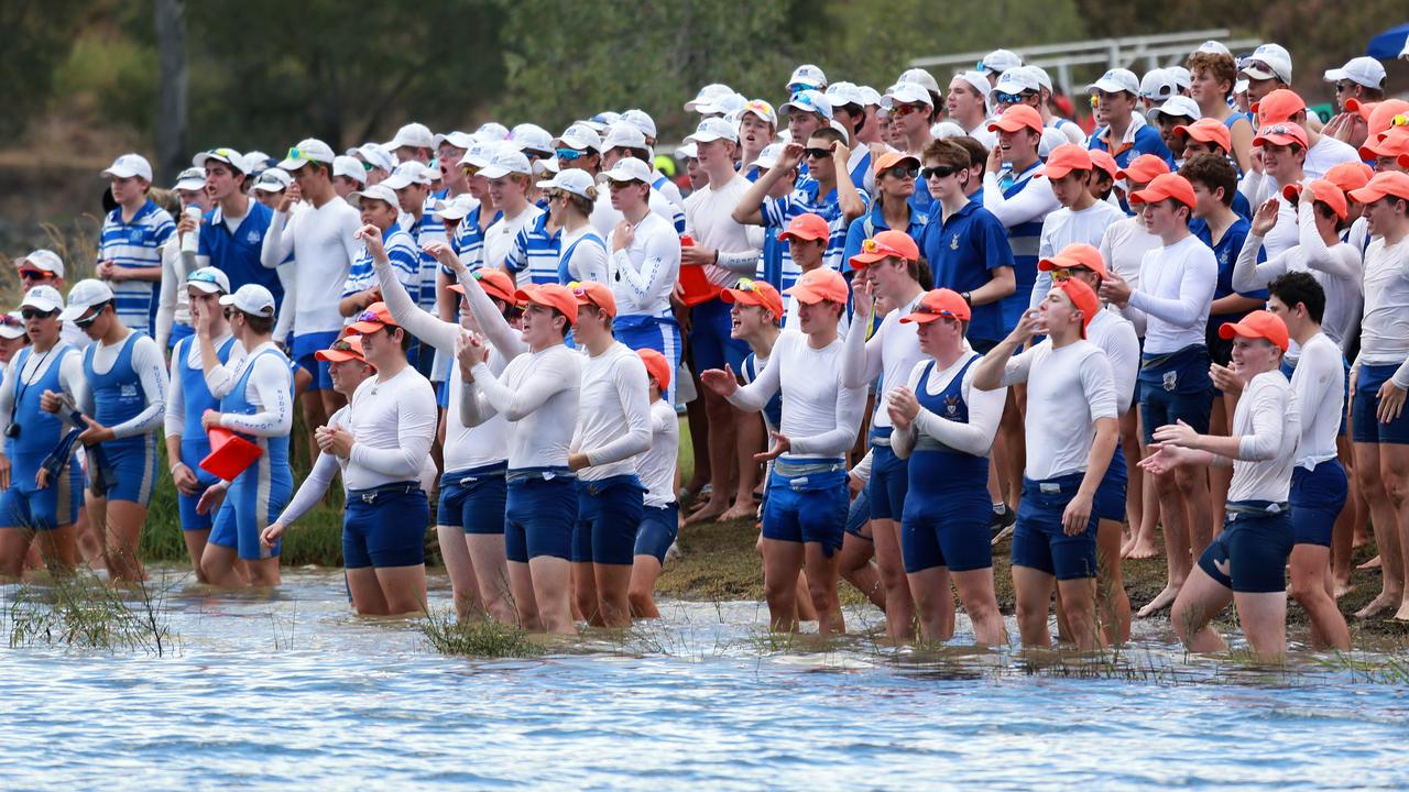 Students cheer on their teams at the GPS Head of the River, Lake Wyaralong. Picture: Sarah Marshall/AAP