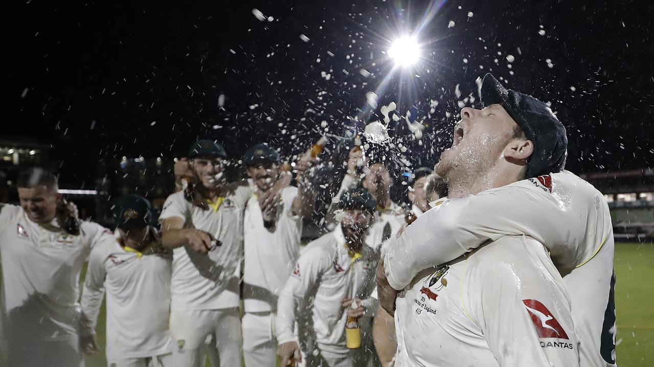 The Australian squad sing the team song after victory in the fourth Test. (Photo by Ryan Pierse/Getty Images)