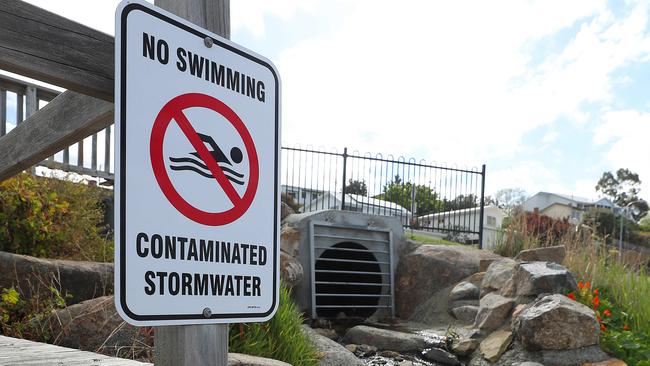 Sign next to storm water drain at the southern end of Blackmans Bay beach. Picture: SAM ROSEWARNE