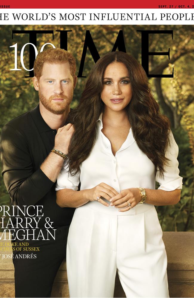 Prince Harry and Meghan Markle appear on the cover of TIME magazine's 100 most influential people issue. Picture: Photograph by Pari Dukovic for TIME