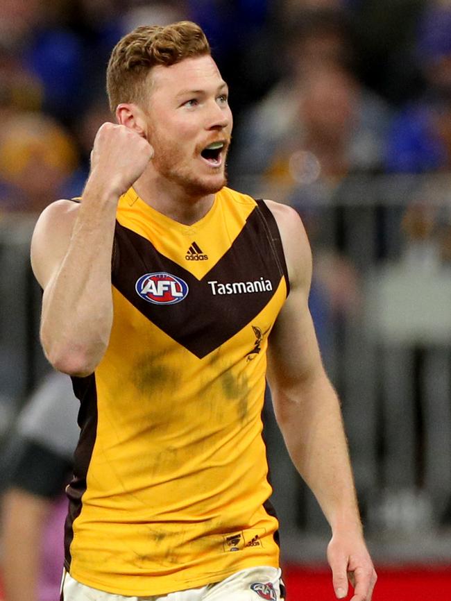 Tim O'Brien celebrates a goal for Hawthorn last year.