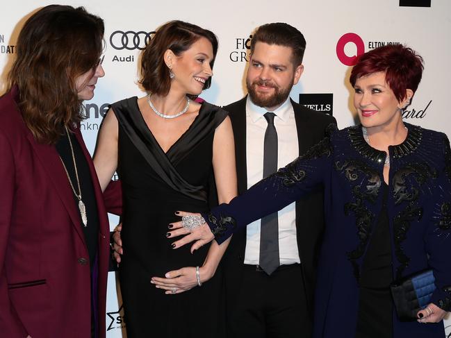 Ozzy Osbourne, Lisa Osbourne, Jack Osbourne and Sharon Osbourne attend the 23rd Annual Elton John AIDS Foundation’s Oscar Viewing Party. Picture: Getty