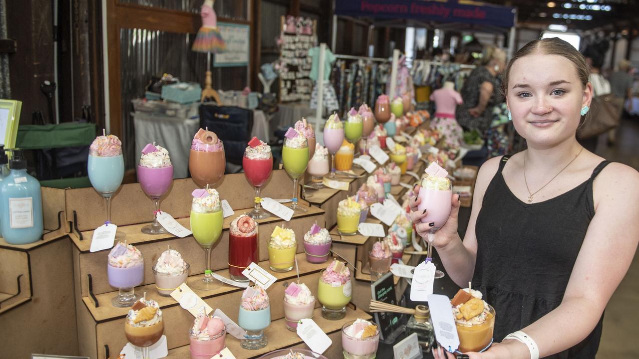 Lexie Gearin on her mothers stall, Mim's Melts. The Makers Market in its new home at The Goods Shed. Sunday, February 12, 2023. Picture: Nev Madsen.