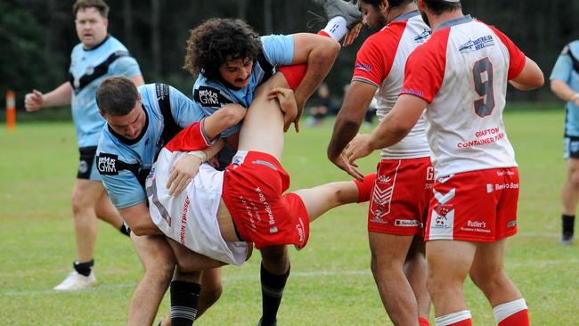 South Grafton halfback Keaton Stutt met in a heavy tackle. Woolgoolga Seahorses v South Grafton Rebels in first grade during round six of the 2024 Group 2 Rugby League competition at Solitary Islands Sports Ground. Picture: Leigh Jensen