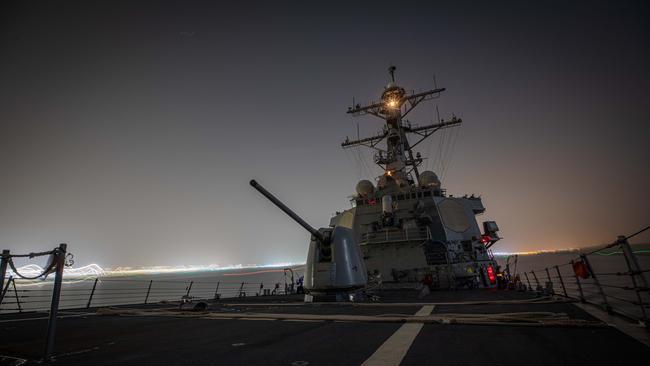 The Arleigh Burke-class guided-missile destroyer USS Carney transits the Suez Canal. Picture: AFP