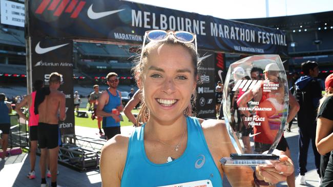 Izzi Batt-Doyle after winning the Half Melbourne Marathon in 2021. Picture: David Crosling