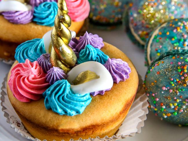 Zuccherati and macarons served up at the Unicorn High tea, Rooty Hill RSL. Rooty Hill, Monday, May 28th 2018. Made By The Hill and Pasticceria Papa are combining for a Unicorn themed high tea. The whimsical event features colourful cakes, cannolis, macarons, shakes and cocktails. (AAP Image / Angelo Velardo)