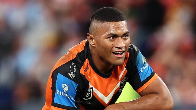 BRISBANE, AUSTRALIA - MAY 19: Stefano Utoikamanu of the Wests Tigers looks on during the round 11 NRL match between Wests Tigers and Dolphins at Suncorp Stadium, on May 19, 2024, in Brisbane, Australia. (Photo by Hannah Peters/Getty Images)