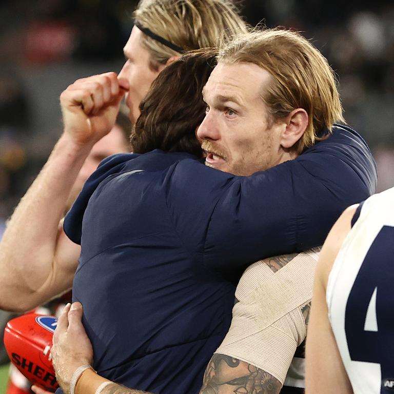 Coach Chris Scott hugs Tom Stewart after he was Geelong’s matchwinner. Picture: Michael Klein.