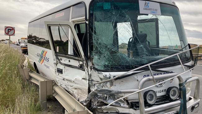 The scene of the ute and bus crash on Victor Harbor Rd. Picture: Ollie Haig/ 9News