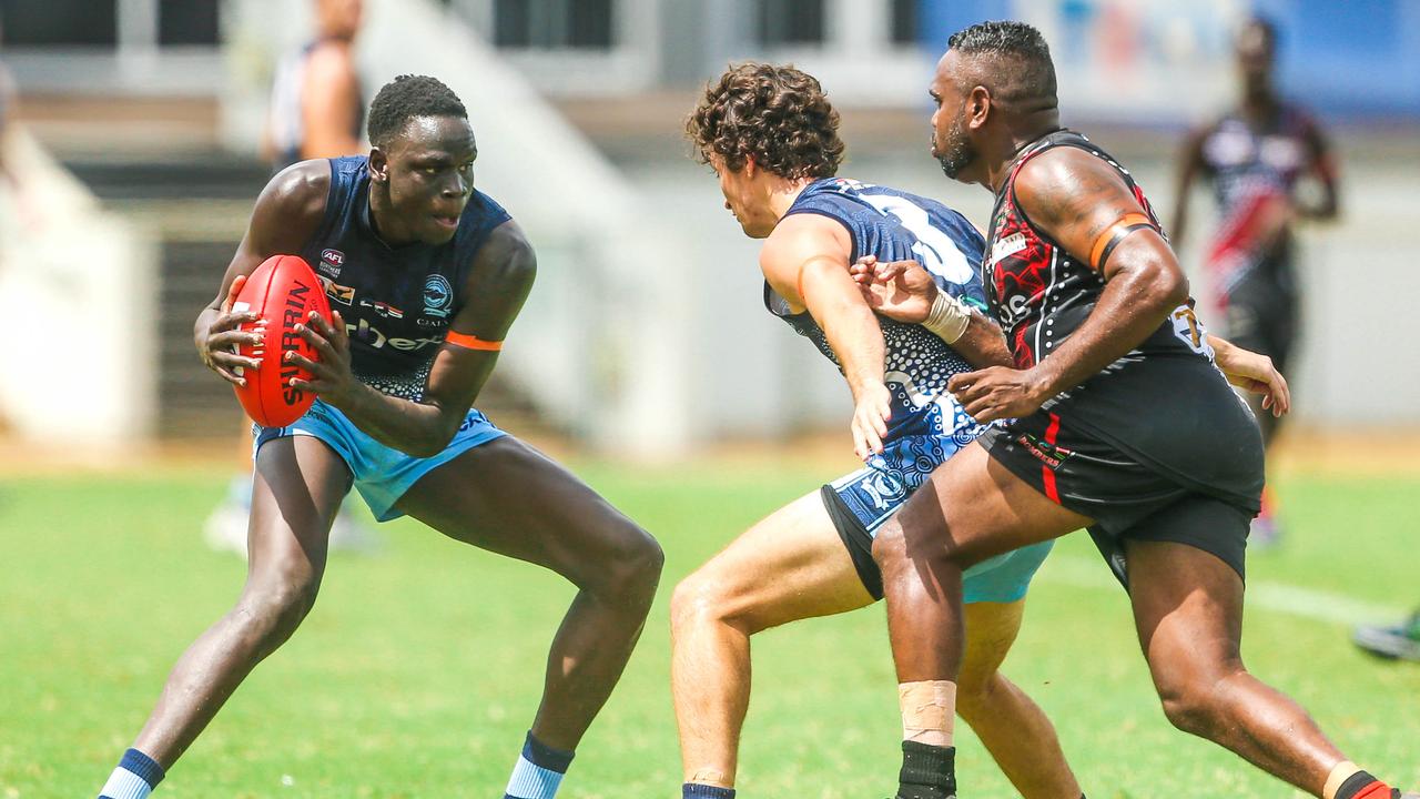 Thomas Jok in the round 12 NTFL match between Tiwi Bombers and Darwin Buffaloes at TIO Stadium. Picture: Glenn Campbell