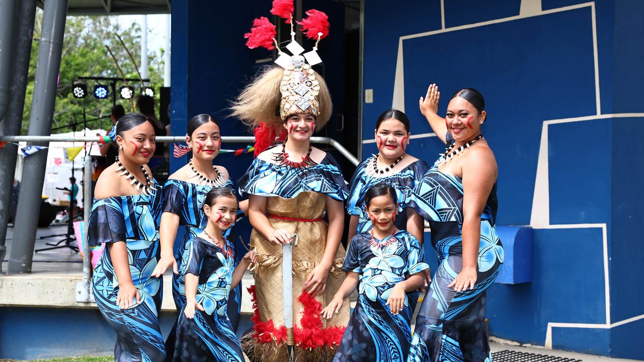 The Measina Treasures of Samoa dancers (L-R)Precious Baker, Zahrah Bajramovic, 9, Madinah Bajramovic, Aisha Bajramovic, Peyton Esekia, Aaliyah Esekia, 6, and Jehaziel Kose get ready to perform on stage at the 19th annual CARMA multicultural festival, held at Fogarty Park. Picture: Brendan Radke