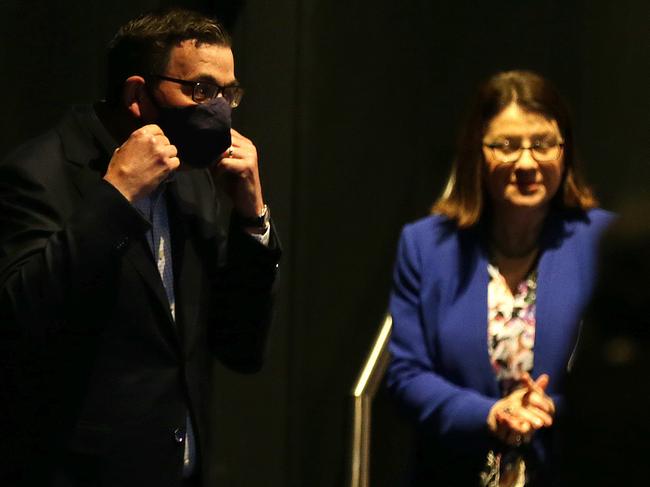 Daniel Andrews and Jenny Mikakos speak to the media. Picture; Sarah Matray