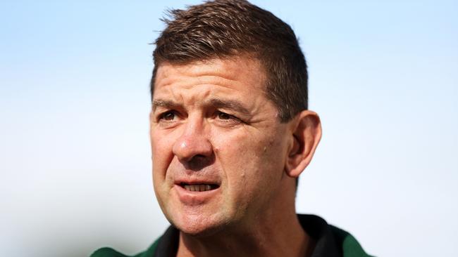 DUBBO, AUSTRALIA - MAY 22:  Rabbitohs Jason Demetriou is interviewed during the warm-up before the round 11 NRL match between the South Sydney Rabbitohs and the Canberra Raiders at APEX Oval, on May 22, 2022, in Dubbo, Australia. (Photo by Mark Kolbe/Getty Images)