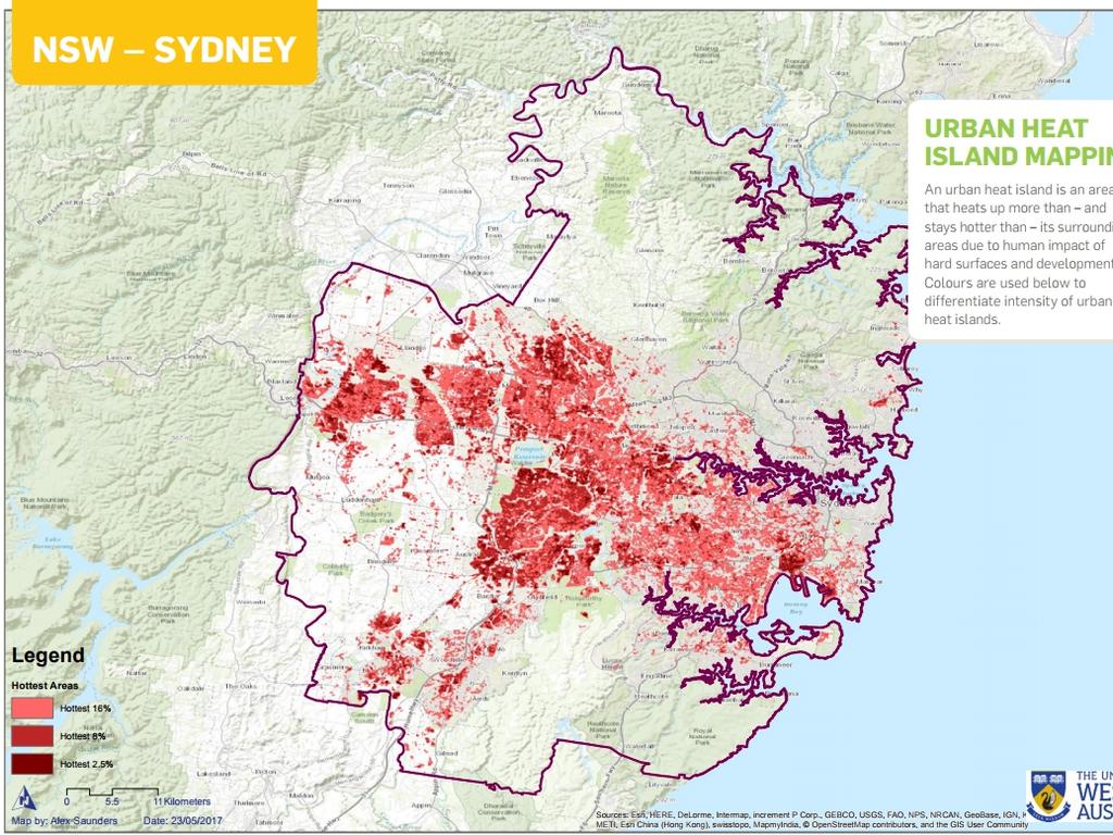 Map of Urban heat island effects in Sydney from Where should all the trees go report